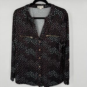 Blue Mood Womens Geometric Square Print Button Down Blouse Black Mauve Large